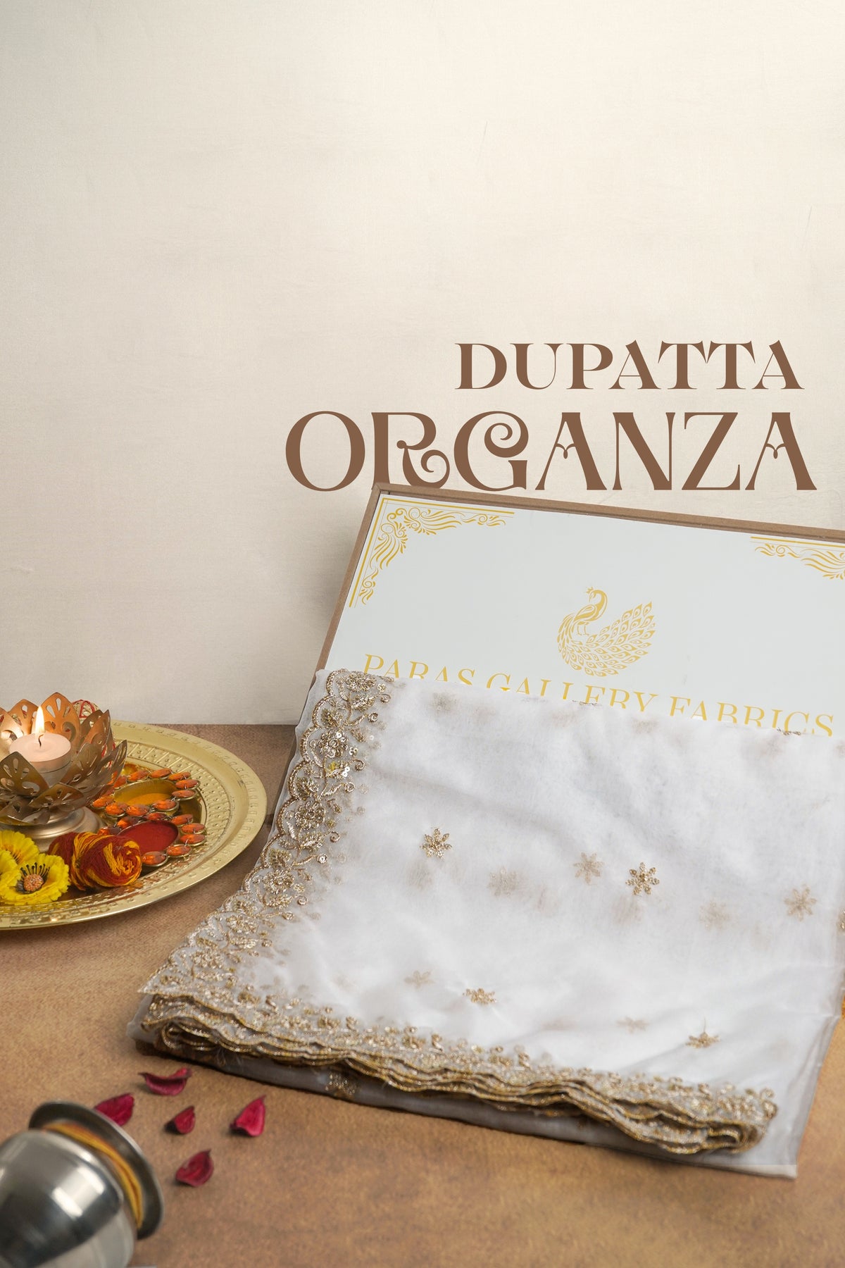 White Dyeable Organza Dupatta With All Over Sequins And Zari Work 23251