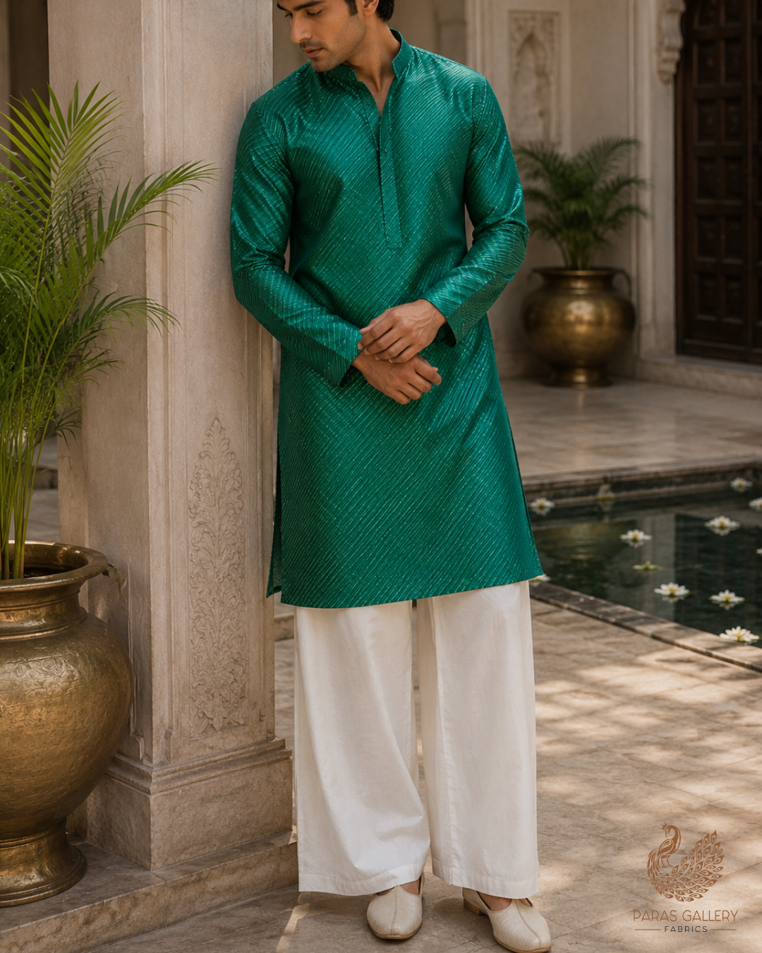 Rama Green Banarasi Silk Fabric With All Over Golden Zari Handloom 23259