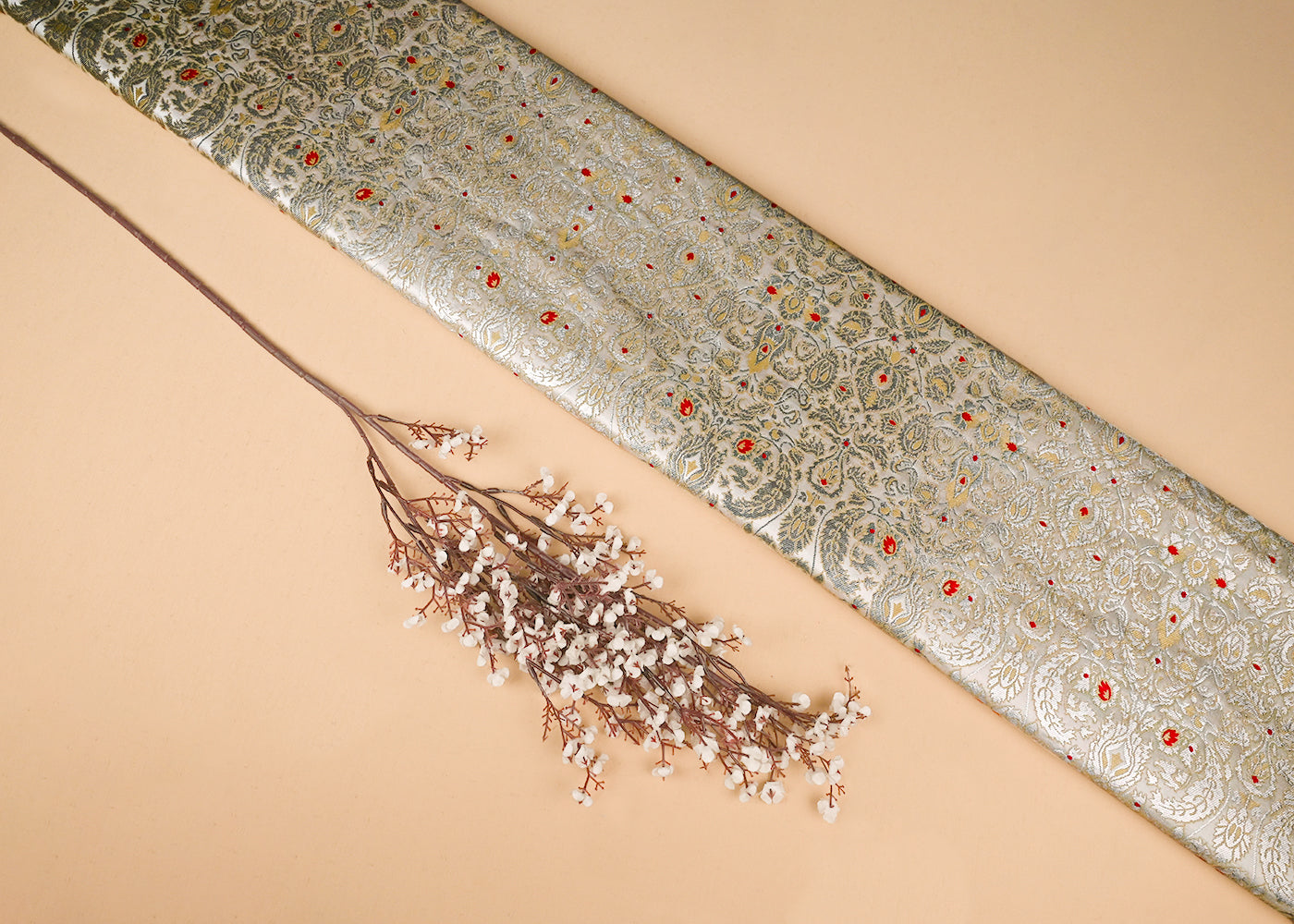 Light Beige Banarasi Brocade Fabric With All Over Golden Zari Handloom 23263
