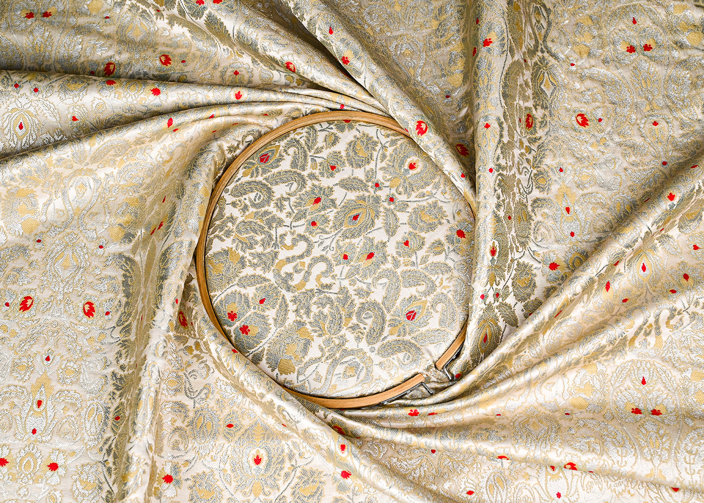 Light Beige Banarasi Brocade Fabric With All Over Golden Zari Handloom 23263