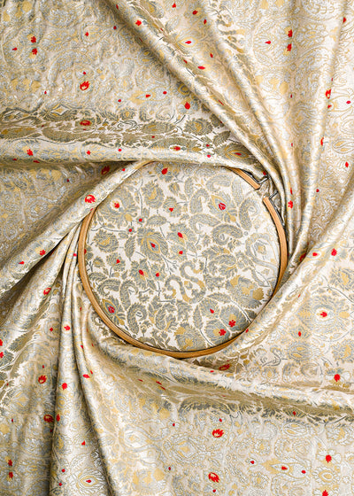 Light Beige Banarasi Brocade Fabric With All Over Golden Zari Handloom 23263