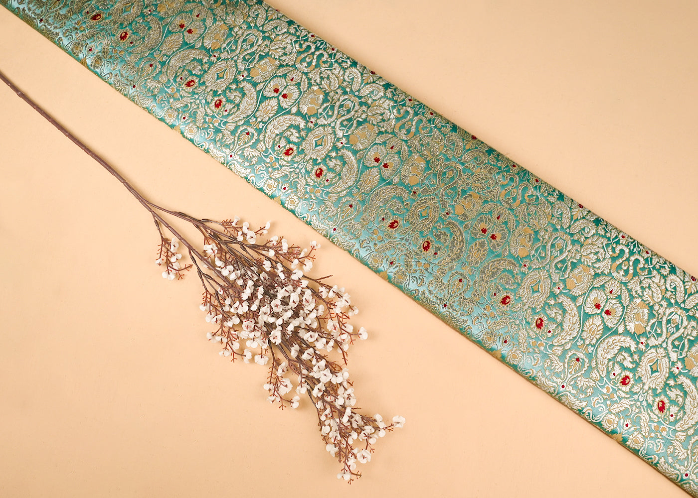 Mint Green Banarasi Brocade Fabric With All Over Golden Zari Handloom 23265