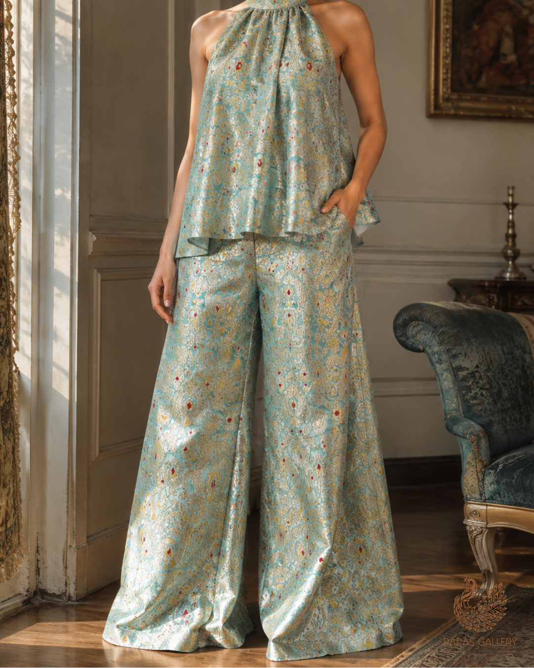 Mint Green Banarasi Brocade Fabric With All Over Golden Zari Handloom 23265