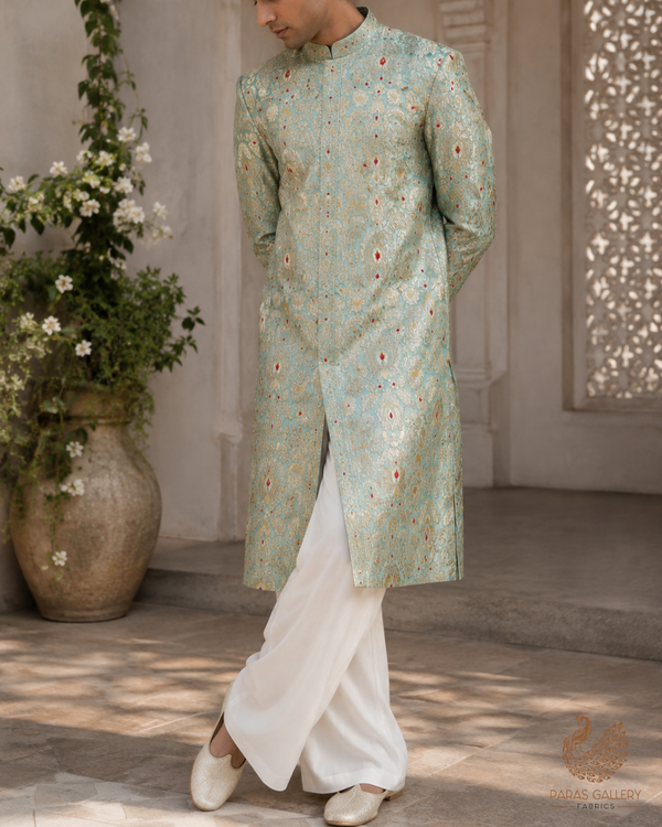 Mint Green Banarasi Brocade Fabric With All Over Golden Zari Handloom 23265
