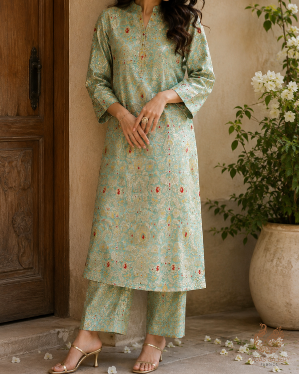 Mint Green Banarasi Brocade Fabric With All Over Golden Zari Handloom 23265