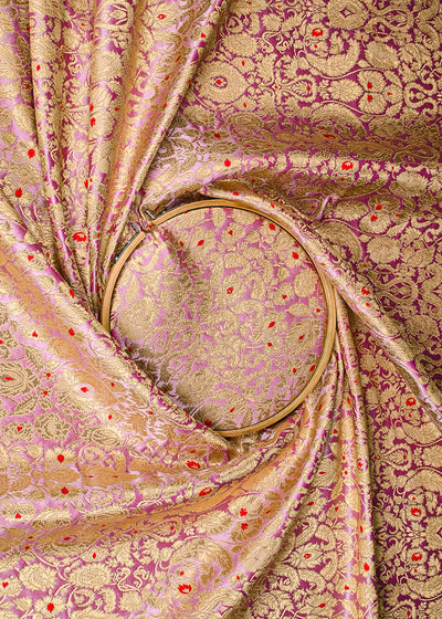 Blush Pink Banarasi Brocade Fabric With All Over Golden Zari Handloom 23266