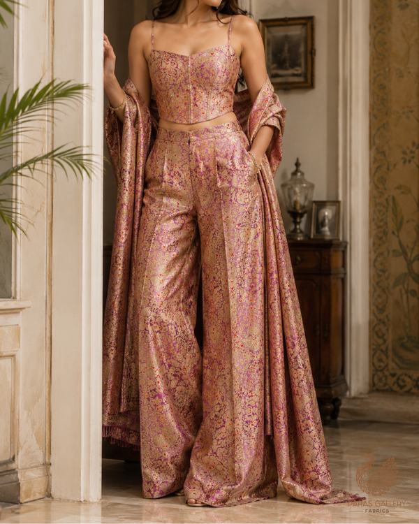 Blush Pink Banarasi Brocade Fabric With All Over Golden Zari Handloom 23266