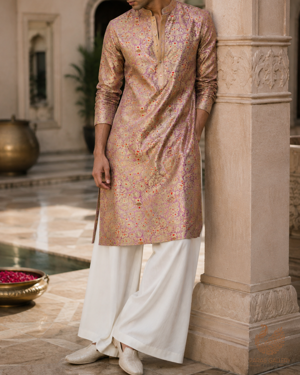Blush Pink Banarasi Brocade Fabric With All Over Golden Zari Handloom 23266