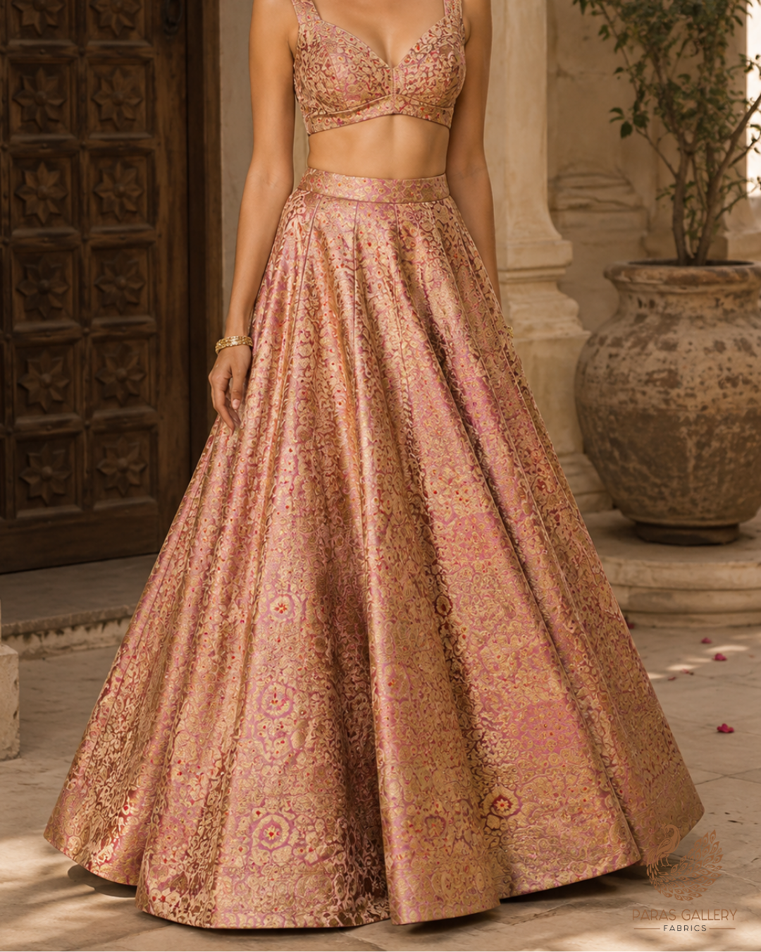 Blush Pink Banarasi Brocade Fabric With All Over Golden Zari Handloom 23266