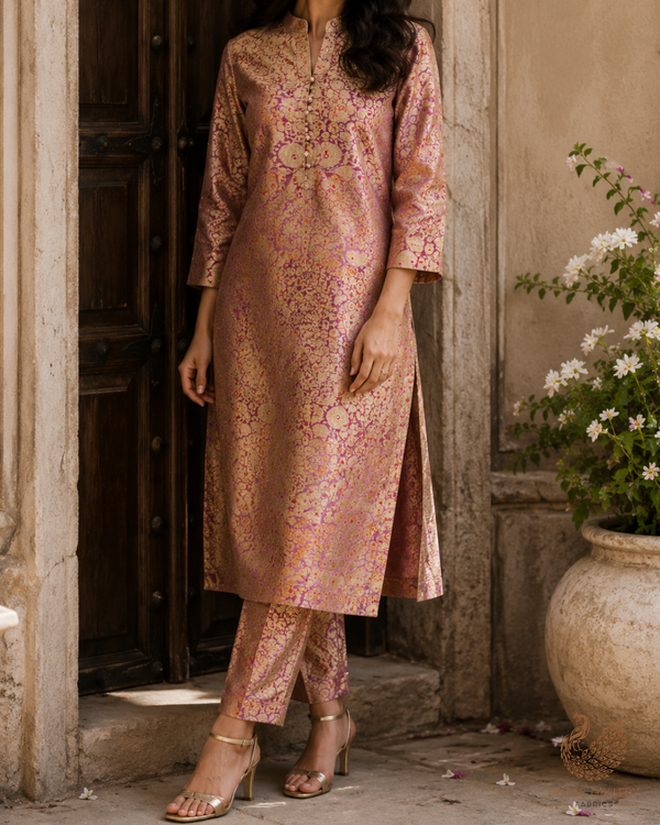 Blush Pink Banarasi Brocade Fabric With All Over Golden Zari Handloom 23266