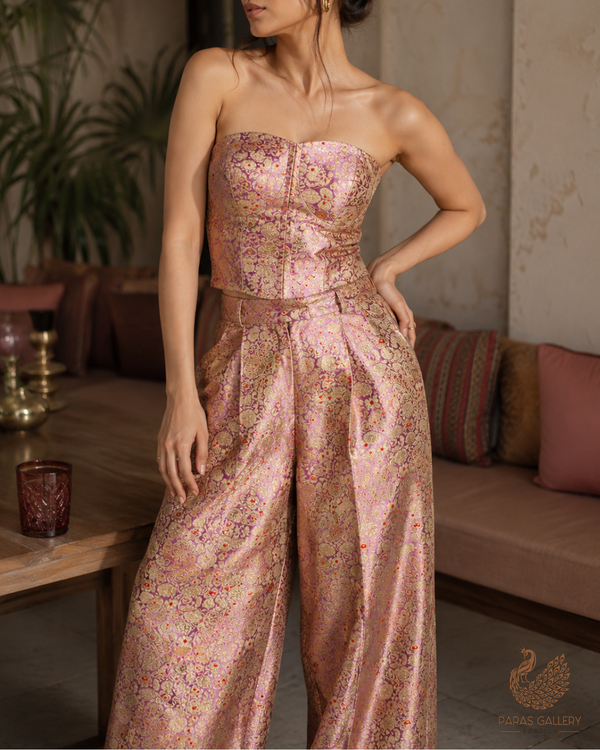 Blush Pink Banarasi Brocade Fabric With All Over Golden Zari Handloom 23266