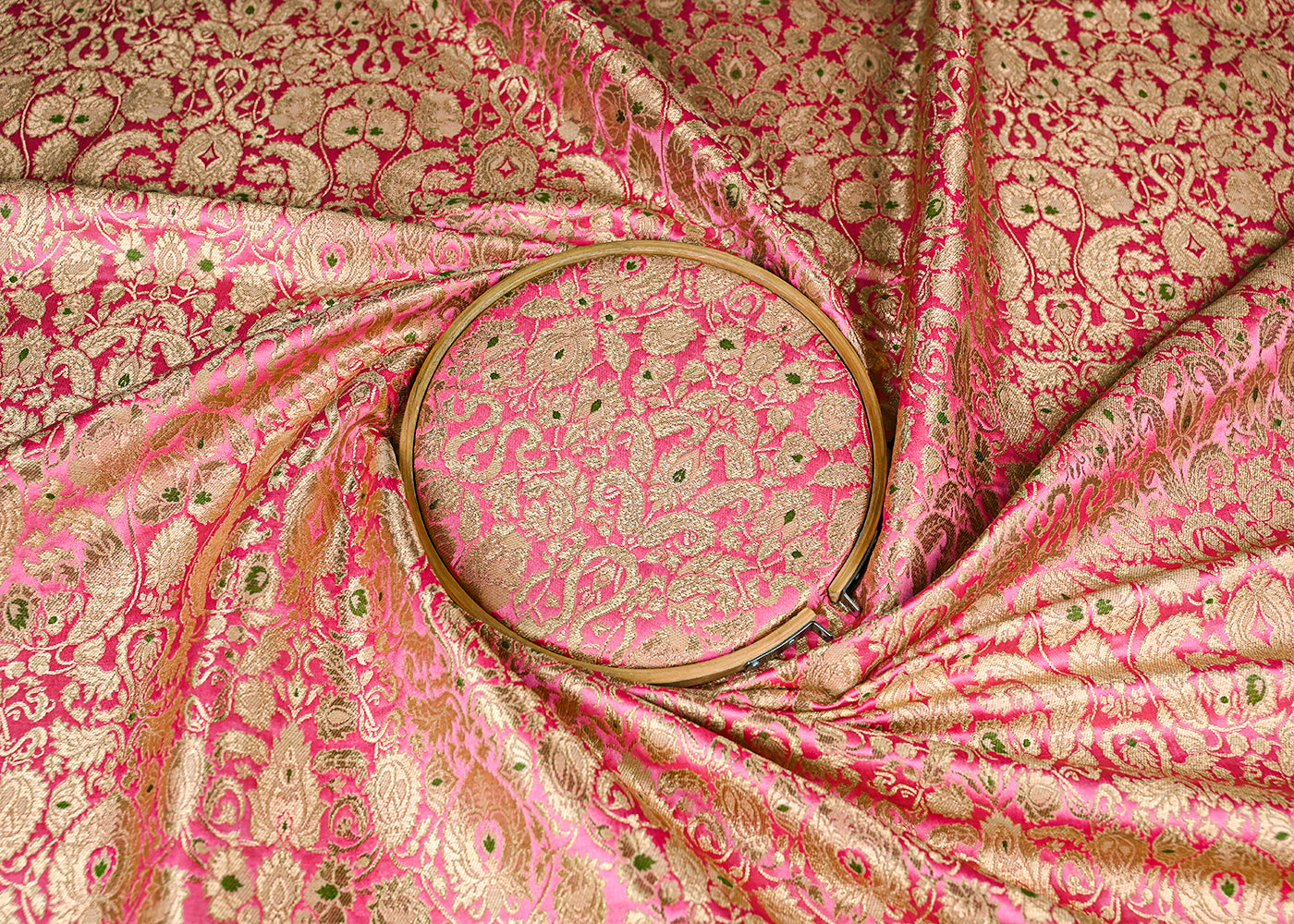 Pink Banarasi Brocade Fabric With All Over Golden Zari Handloom 23267