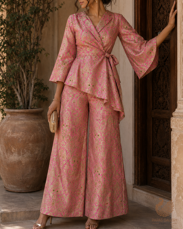 Pink Banarasi Brocade Fabric With All Over Golden Zari Handloom 23267