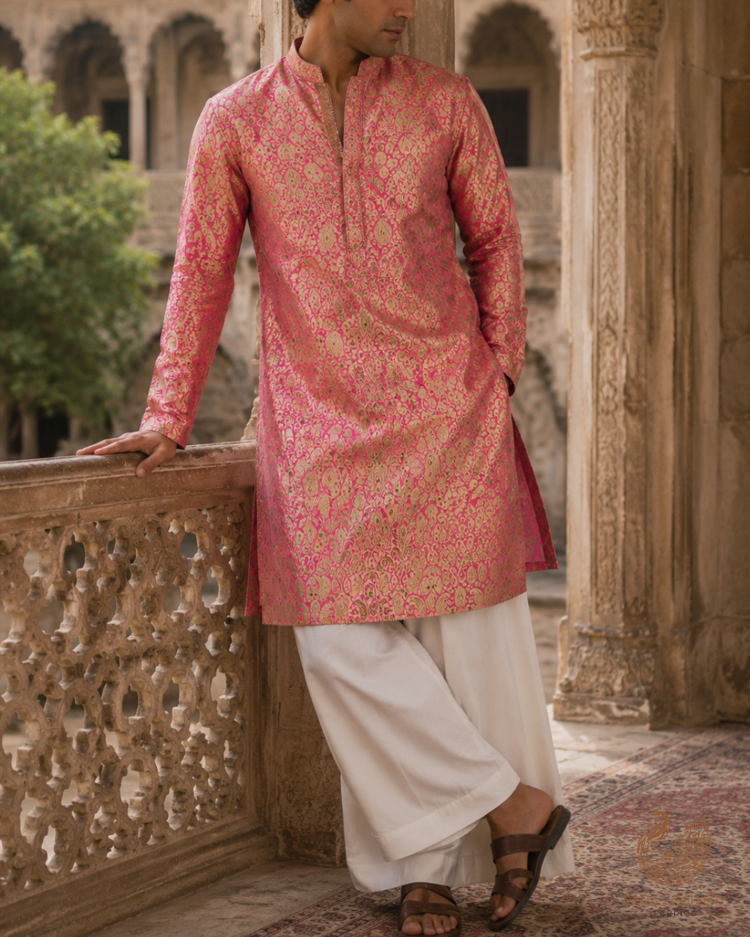 Pink Banarasi Brocade Fabric With All Over Golden Zari Handloom 23267