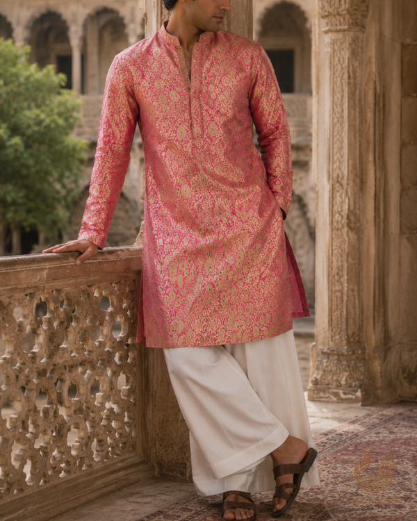 Pink Banarasi Brocade Fabric With All Over Golden Zari Handloom 23267