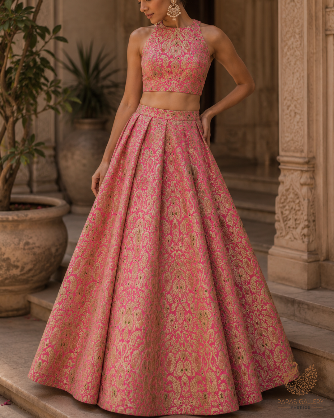 Pink Banarasi Brocade Fabric With All Over Golden Zari Handloom 23267