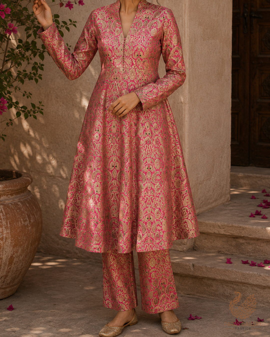Pink Banarasi Brocade Fabric With All Over Golden Zari Handloom 23267