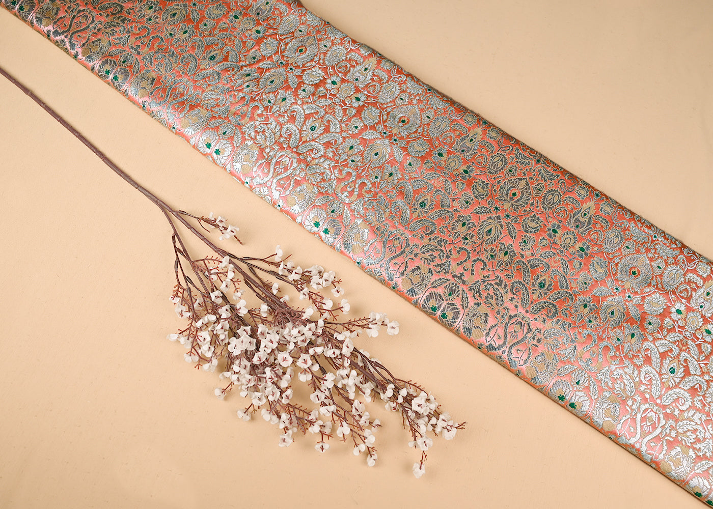 Peach Banarasi Brocade Fabric With All Over Golden Zari Handloom 23268