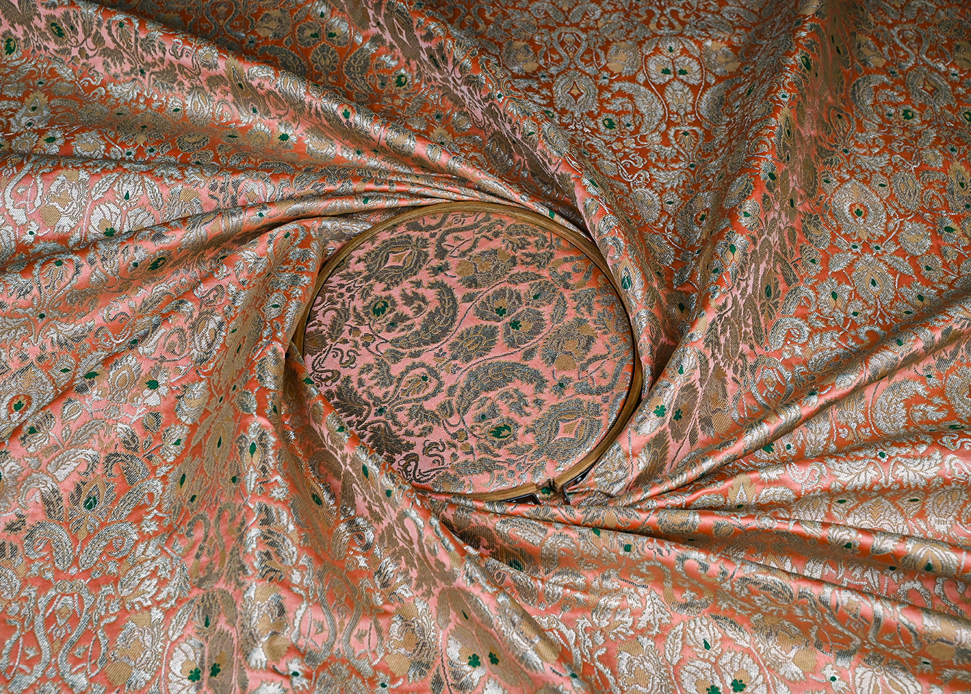 Peach Banarasi Brocade Fabric With All Over Golden Zari Handloom 23268