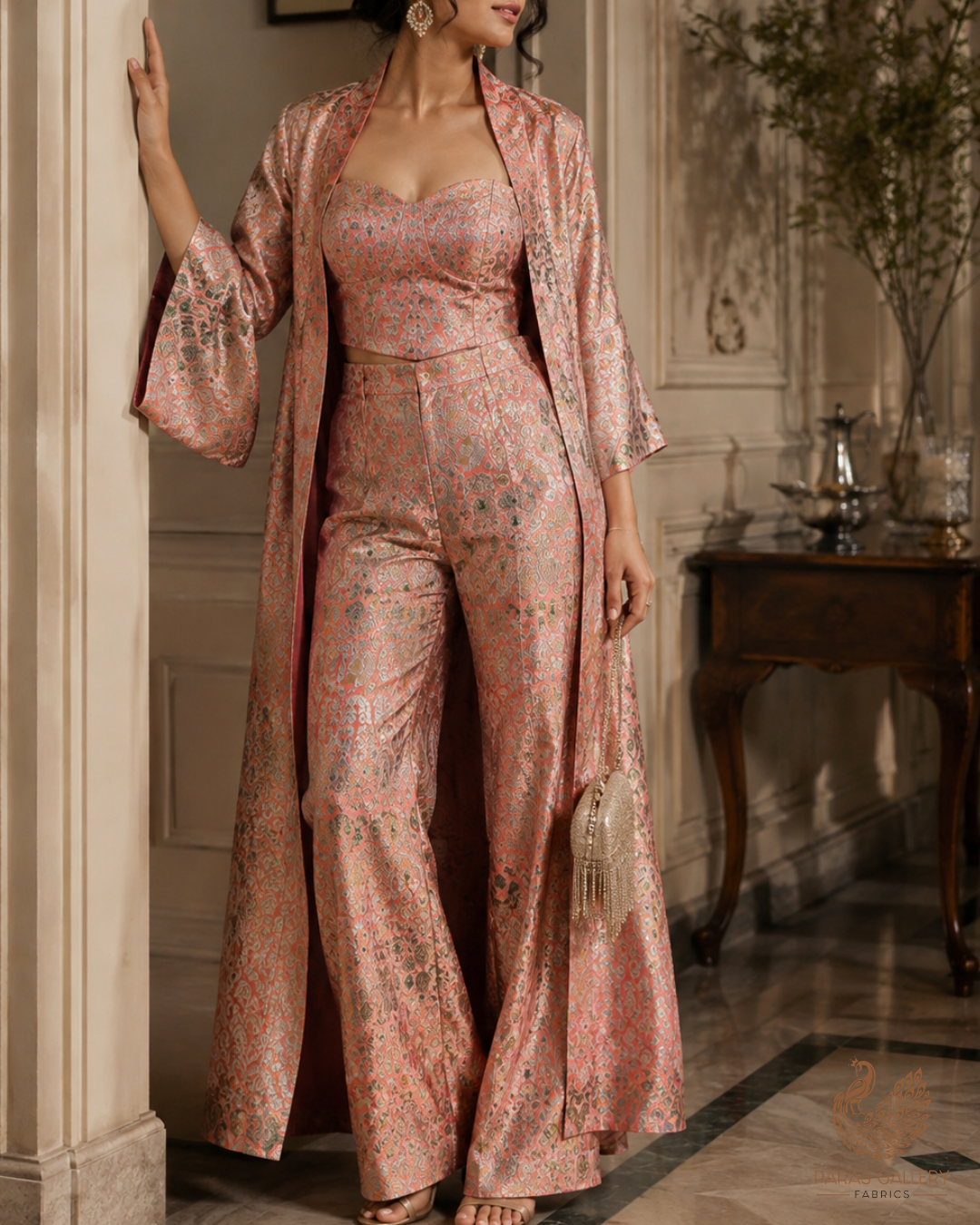 Peach Banarasi Brocade Fabric With All Over Golden Zari Handloom 23268