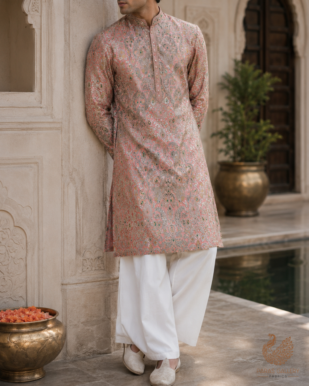 Peach Banarasi Brocade Fabric With All Over Golden Zari Handloom 23268