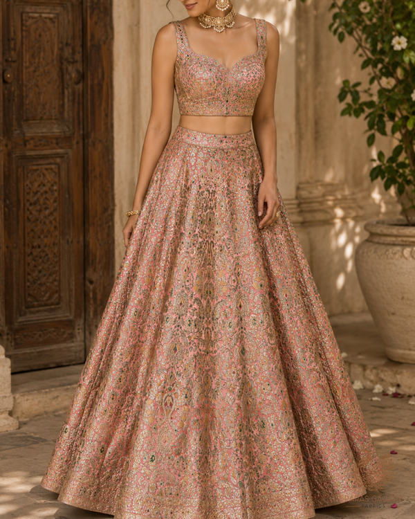 Peach Banarasi Brocade Fabric With All Over Golden Zari Handloom 23268