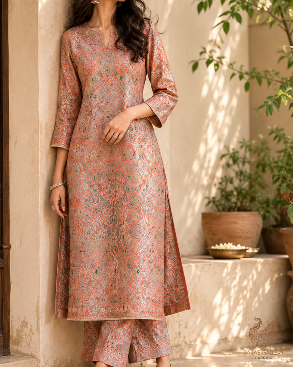 Peach Banarasi Brocade Fabric With All Over Golden Zari Handloom 23268