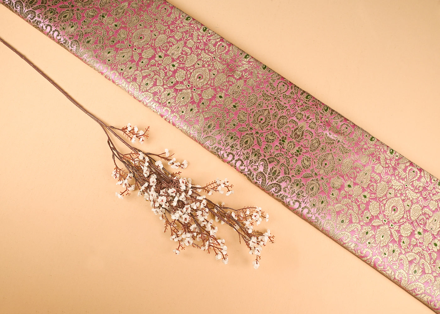 Baby Pink Banarasi Brocade Fabric With All Over Golden Zari Handloom 23269