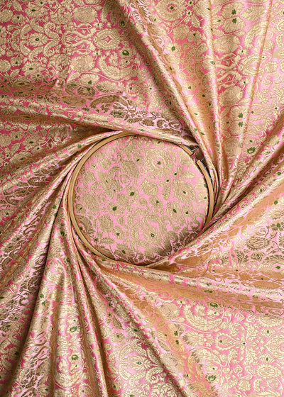 Baby Pink Banarasi Brocade Fabric With All Over Golden Zari Handloom 23269