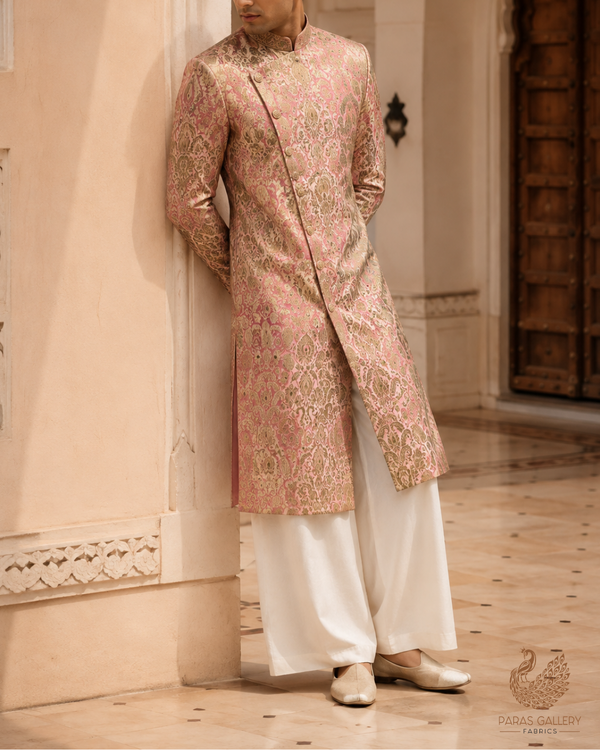 Baby Pink Banarasi Brocade Fabric With All Over Golden Zari Handloom 23269