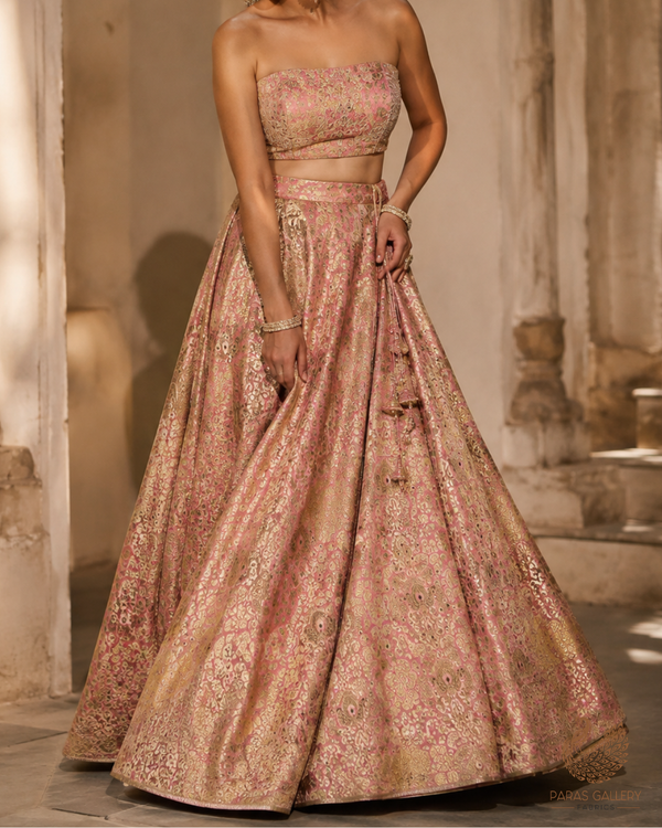 Baby Pink Banarasi Brocade Fabric With All Over Golden Zari Handloom 23269