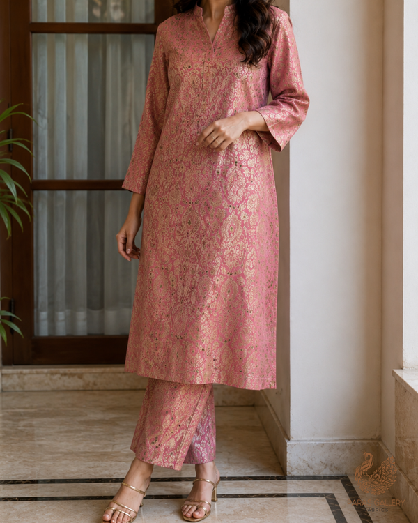 Baby Pink Banarasi Brocade Fabric With All Over Golden Zari Handloom 23269