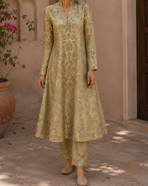 Pista Green Banarasi Brocade Fabric With All Over Golden Zari Handloom 23270