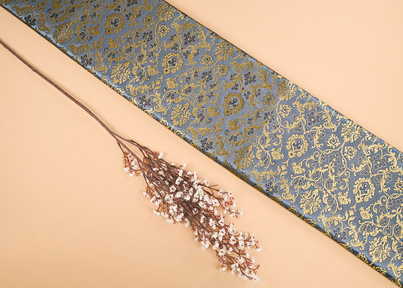 Grey Banarasi Brocade Fabric With All Over Golden Zari Handloom 23271