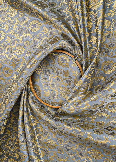 Grey Banarasi Brocade Fabric With All Over Golden Zari Handloom 23271