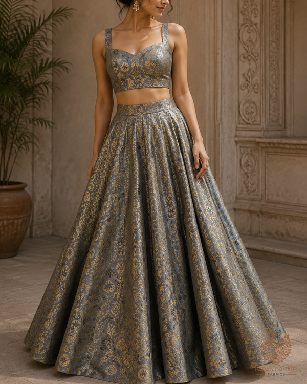 Grey Banarasi Brocade Fabric With All Over Golden Zari Handloom 23271
