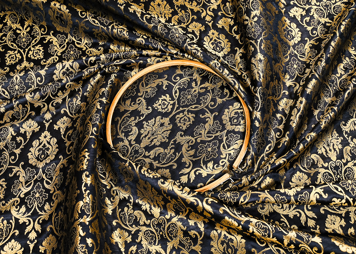 Black Banarasi Brocade Fabric With All Over Golden Zari Handloom 23272