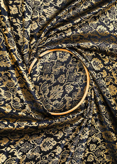 Black Banarasi Brocade Fabric With All Over Golden Zari Handloom 23272