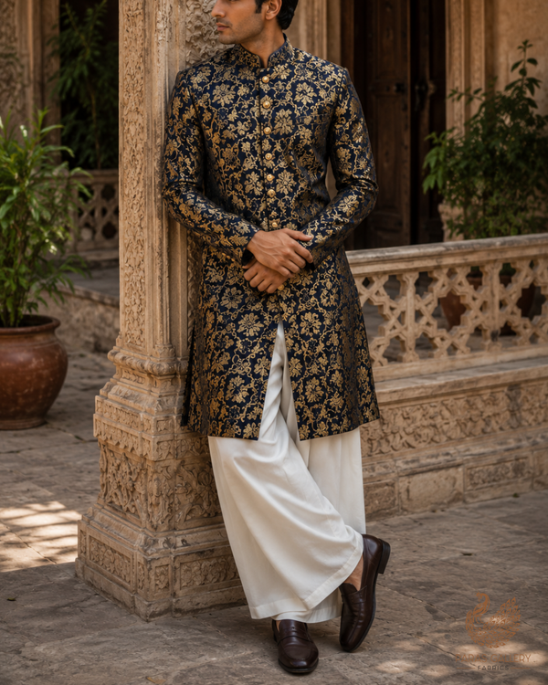 Black Banarasi Brocade Fabric With All Over Golden Zari Handloom 23272