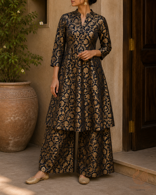 Black Banarasi Brocade Fabric With All Over Golden Zari Handloom 23272