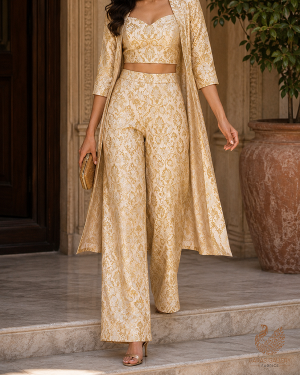Beige Banarasi Brocade Fabric With All Over Golden Zari Handloom 23273