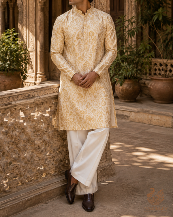 Beige Banarasi Brocade Fabric With All Over Golden Zari Handloom 23273