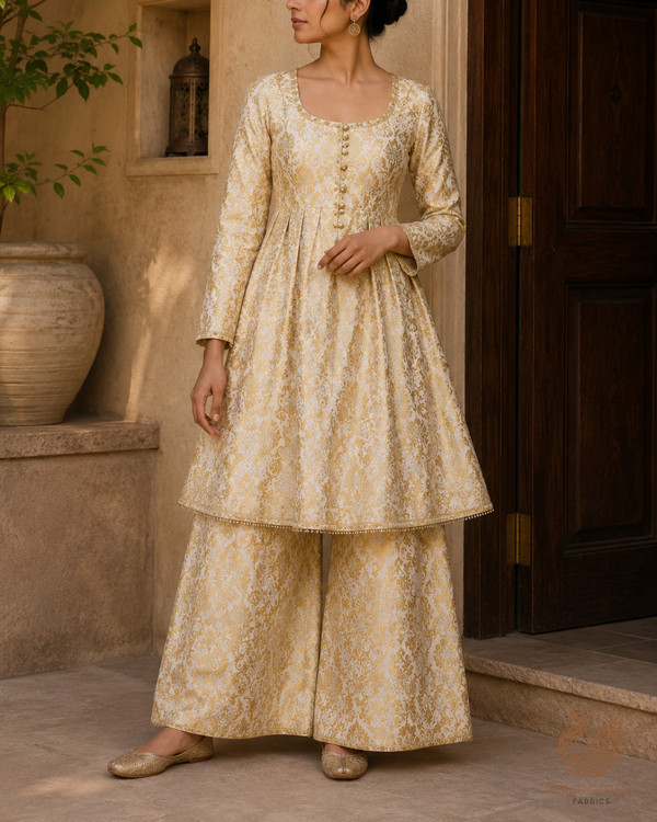 Beige Banarasi Brocade Fabric With All Over Golden Zari Handloom 23273