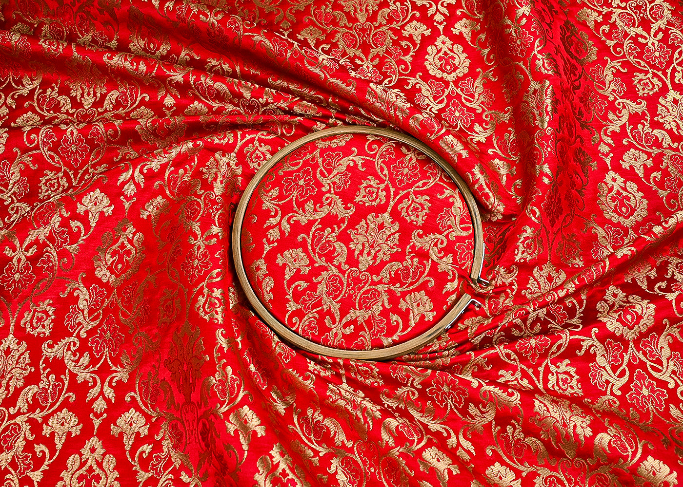 Red Banarasi Brocade Fabric With All Over Golden Zari Handloom 23274
