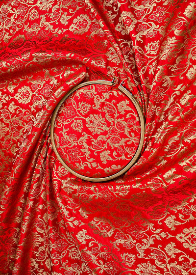 Red Banarasi Brocade Fabric With All Over Golden Zari Handloom 23274