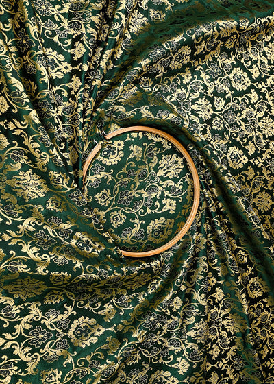 Bottle Green Banarasi Brocade Fabric With All Over Golden Zari Handloom 23275