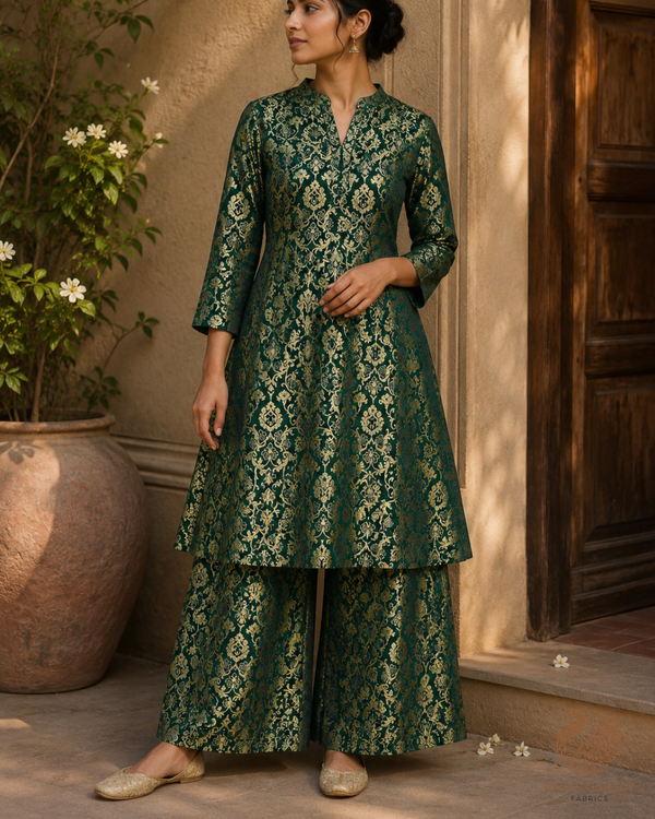 Bottle Green Banarasi Brocade Fabric With All Over Golden Zari Handloom 23275