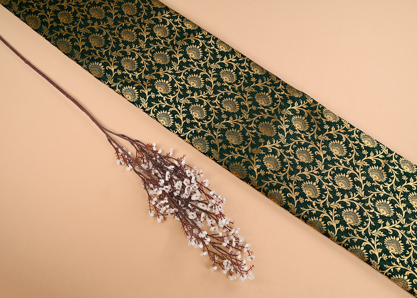 Bottle Green Banarasi Brocade Fabric With All Over Golden Zari Handloom 23276
