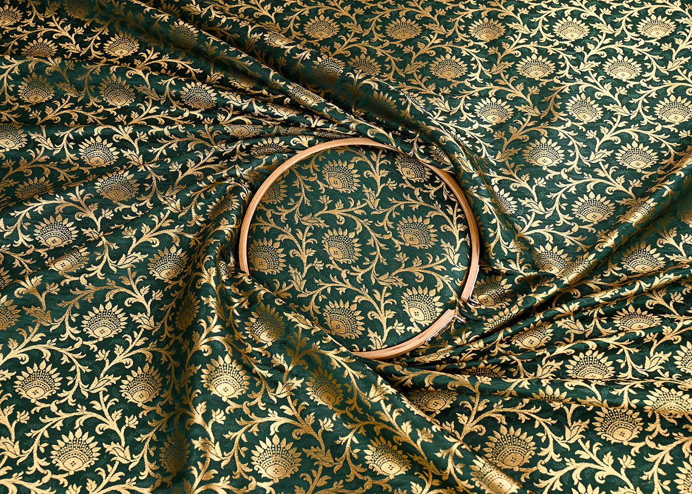 Bottle Green Banarasi Brocade Fabric With All Over Golden Zari Handloom 23276