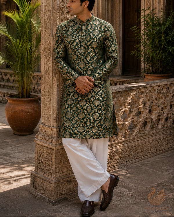 Bottle Green Banarasi Brocade Fabric With All Over Golden Zari Handloom 23276